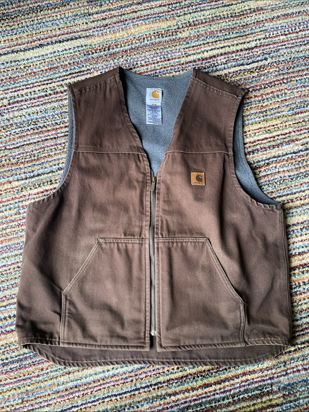 Vintage Carhartt Brown Workwear Sandstone Duck Vest with Fleece Gray Lining
